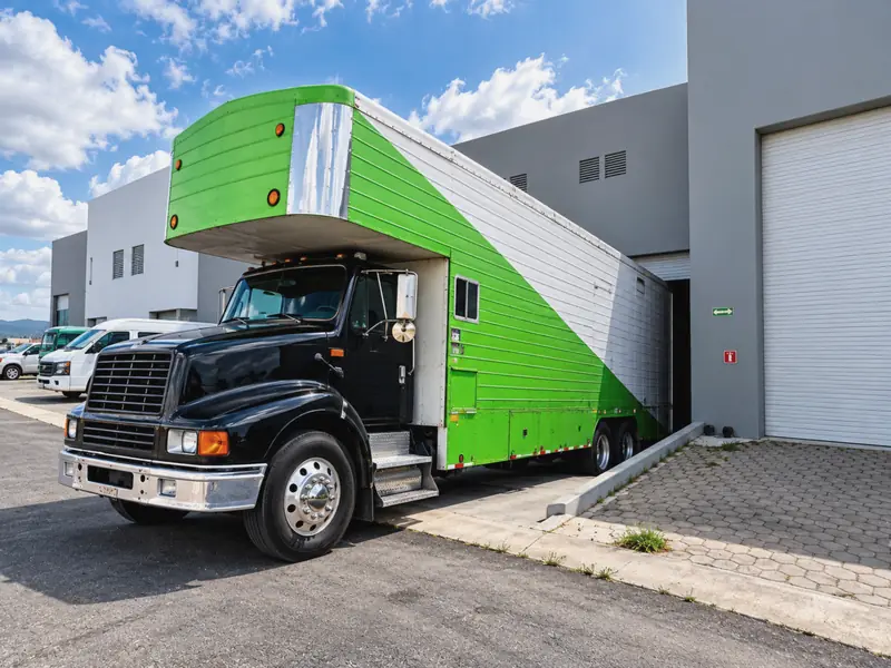 Green and white Express Rico moving truck, parked