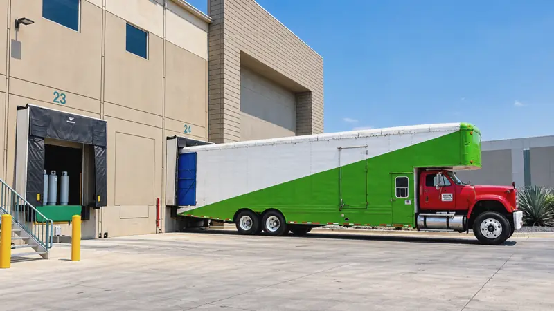 Green trailer with a red cab in front of a warehouse