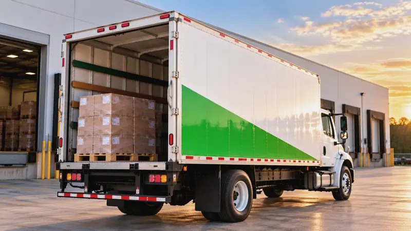 Open cargo truck with pallets at a warehouse dock