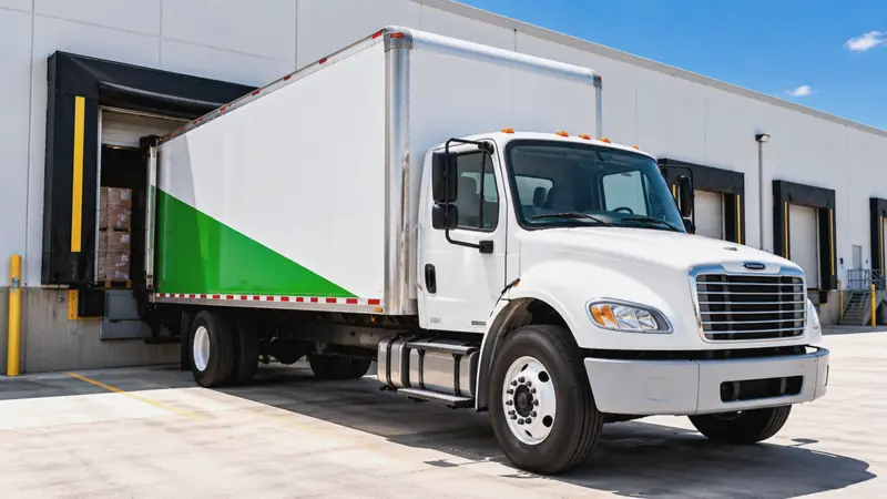 White truck with the green diagonal stripe at a loading dock