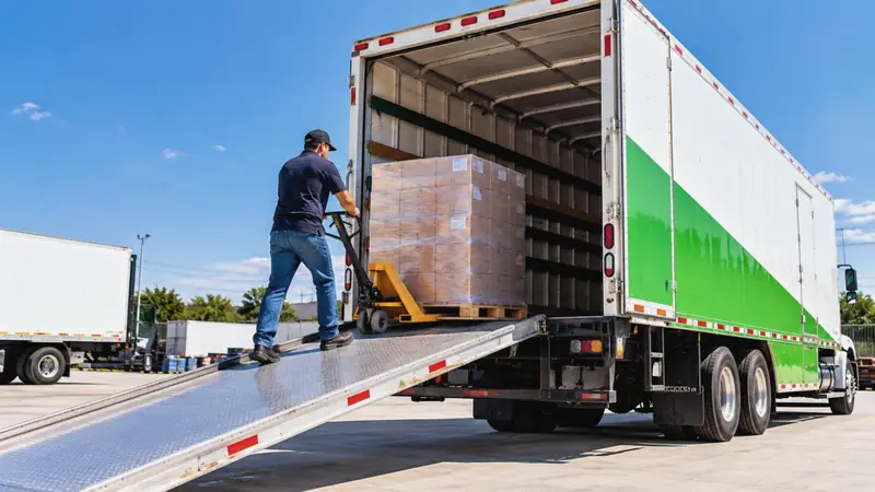 Express Rico worker pushing a pallet of boxes up the truck ramp