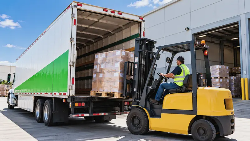Forklift loading pallets of boxes onto an Express Rico truck