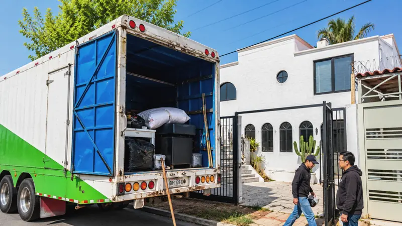 Move in front of a house, with the truck open and furniture protected
